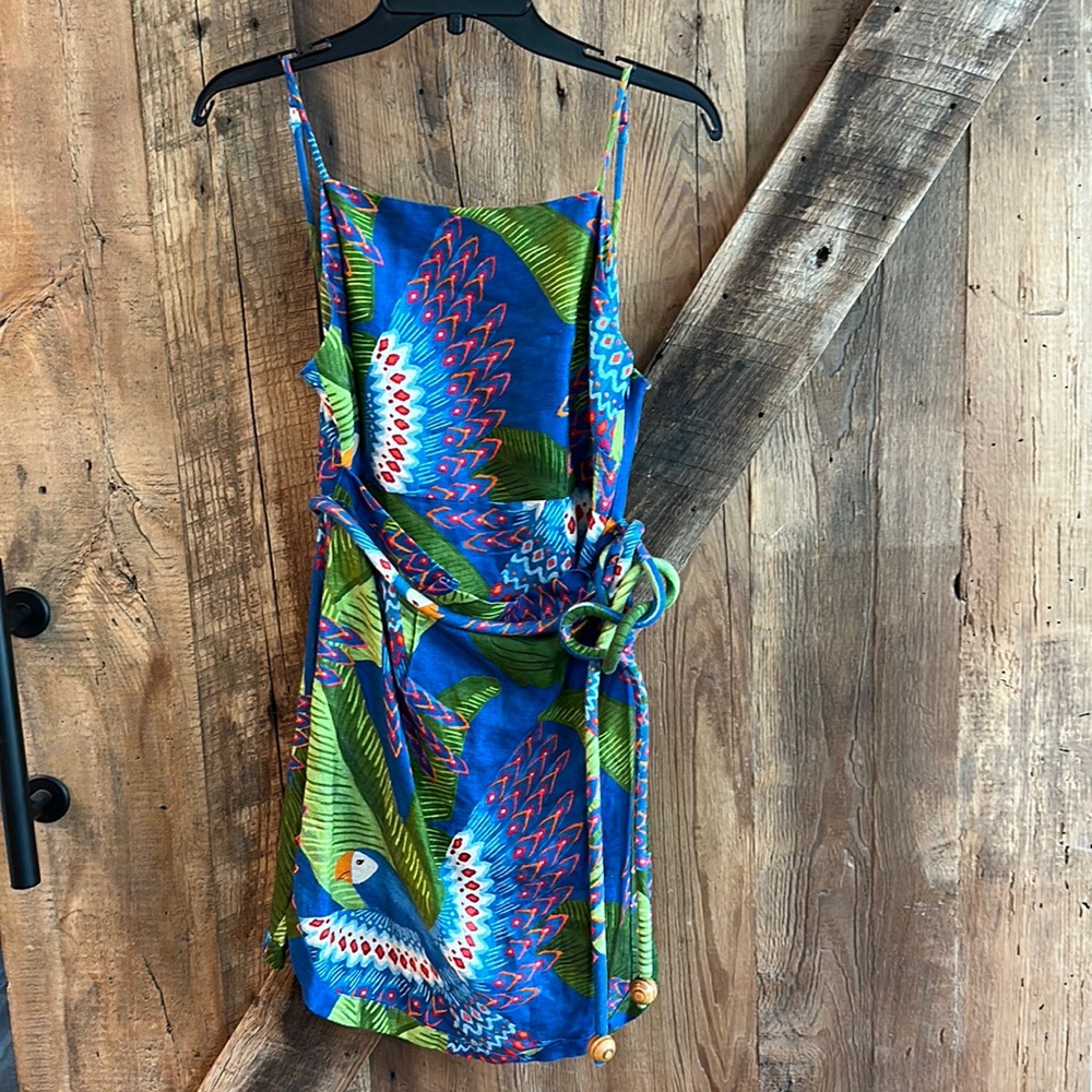 NWT Farm Rio Blue Macaw Faux Wrap Mini Dress M
